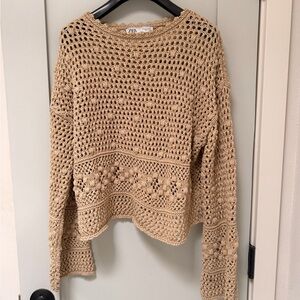 Zara Camel Beige Crochet Crewneck Sweater